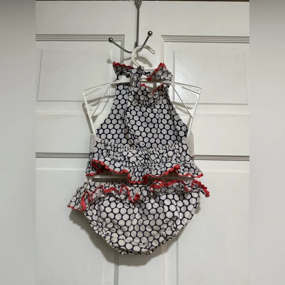 2T Girls Smocked Two Piece Swimsuit Polka Dots Lobster Crawfish Ruffles